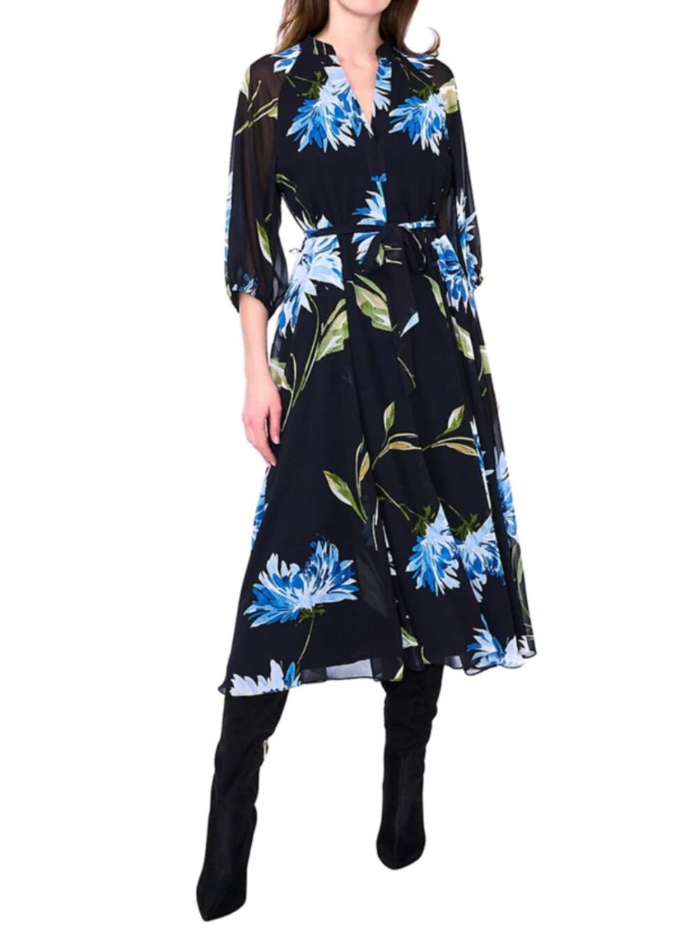 Vince Camuto Floral Midi Dress Rich Black Blue Floral XS NWT